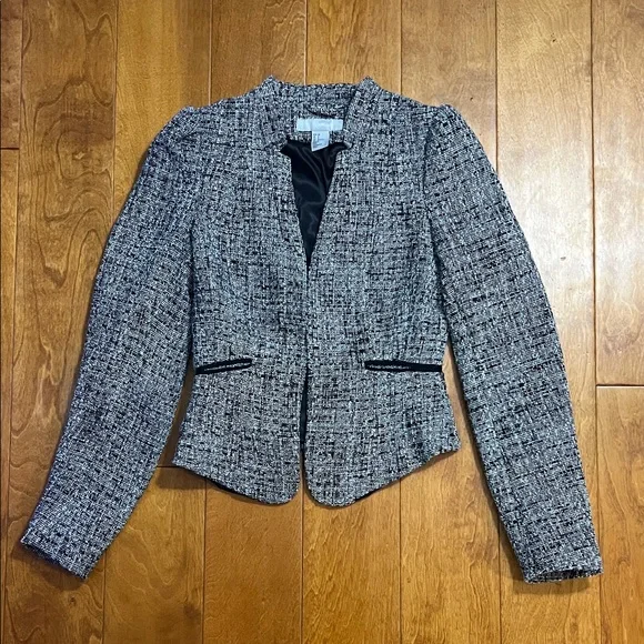 H & M Tweed Blazer Size 2 Black White Office Career Academia Work Capsule Formal - Picture 2 of 10
